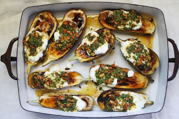 Roasted eggplant with cilantro-almond salsa