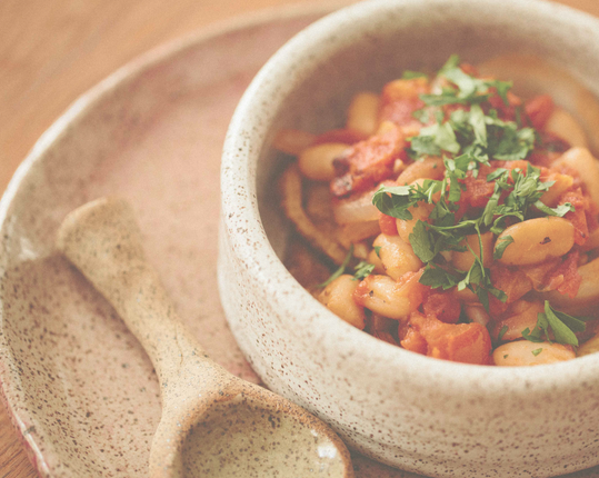 Roasted eggplant with fire-roasted tomatoes, onion and cannellini beans