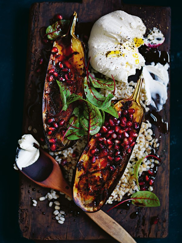 Roasted eggplant with pearl barley, labne and pomegranate