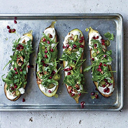 Roasted eggplant with pomegranate, pickled chiles, and pecans