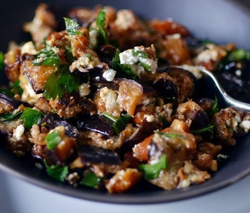 Roasted eggplant with smoked almonds and goat cheese