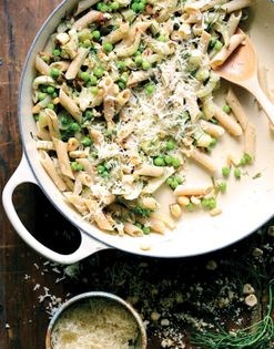Roasted fennel and pea tri-grain penne with hazelnuts
