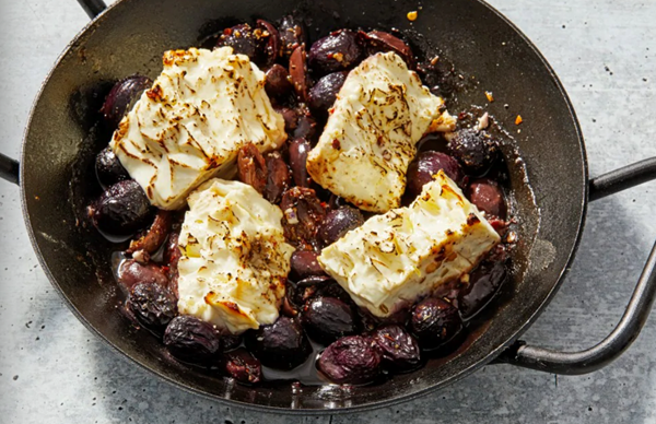 Roasted feta with grapes and olives