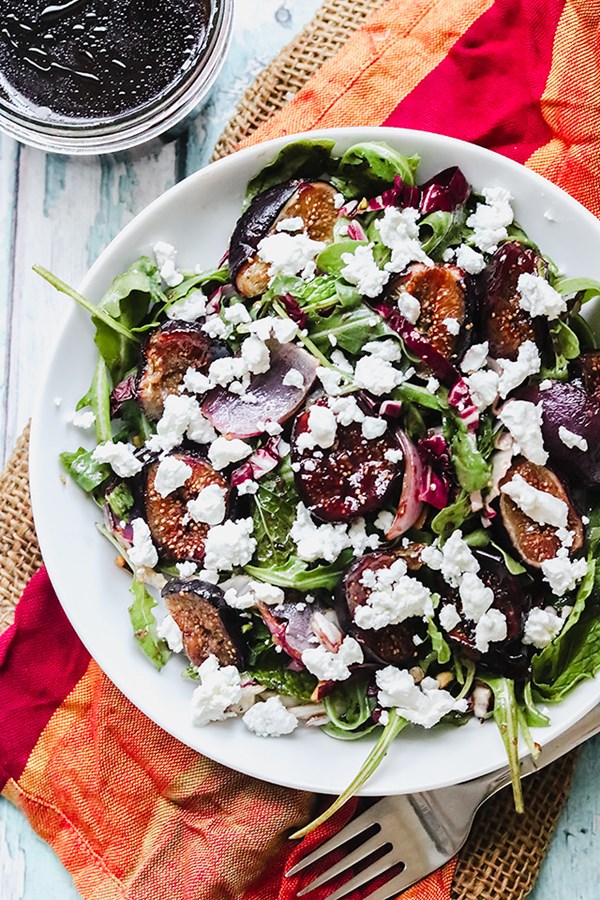 Roasted fig and onion salad with radicchio and goat cheese
