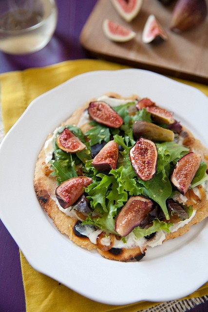 Roasted fig flatbreads with chèvre and greens