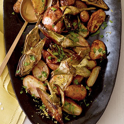 Roasted fingerling potatoes and baby artichokes