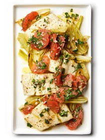 Roasted fish and fennel with grapefruit salsa