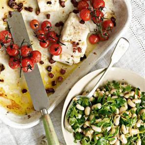 Roasted fish with bean and herb salad