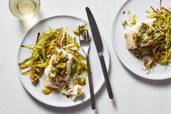 Roasted fish with leeks and olive salsa verde