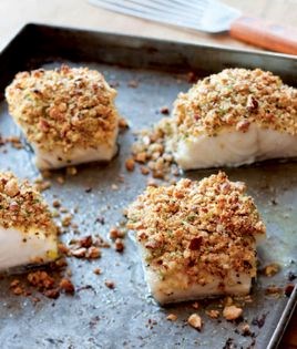 Roasted fish with lemon-almond bread crumbs