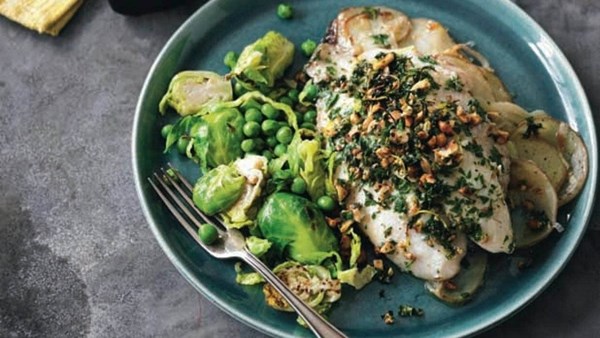 Roasted fish with parsley and hazelnut crust