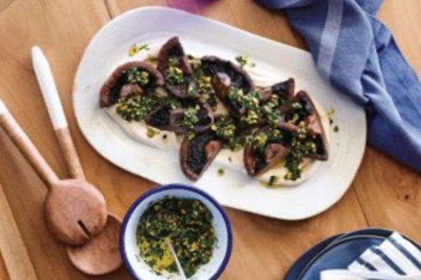 Roasted flat mushrooms, tahini and pistachio gremolata [German Sanchez]