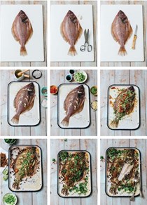 Roasted flounder with ginger, sesame, soy, and crispy shallots