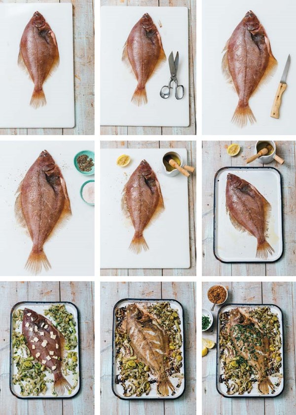 Roasted flounder with toasted breadcrrumbs, caramelized leeks and fennel