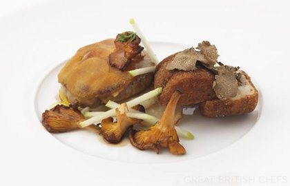 Roasted foie gras with apple, celeriac and truffle beignets