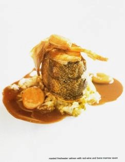 Roasted freshwater salmon with red-wine and bone-marrow sauce