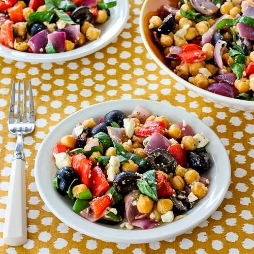 Roasted garbanzo and vegetable salad with garlic, feta, olives, and basil