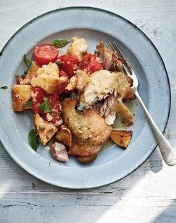 Roasted garlic & lemon thyme chicken with tomato & sourdough salad