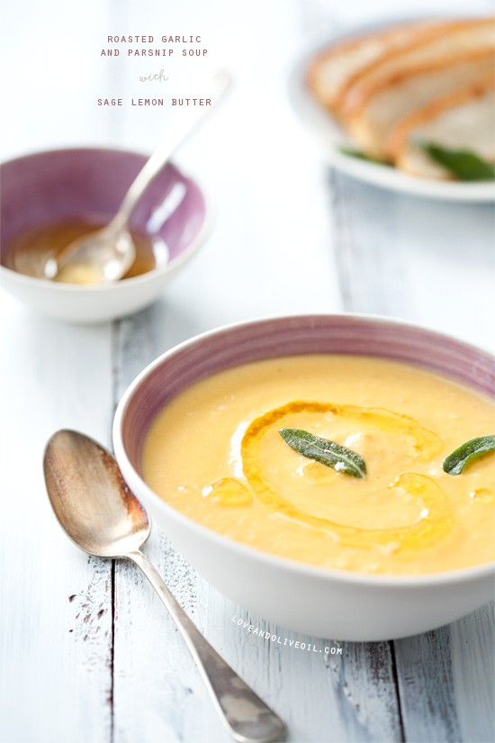 Roasted garlic and parsnip soup with sage lemon butter