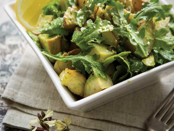 Roasted garlic basil pesto potatoes with arugula