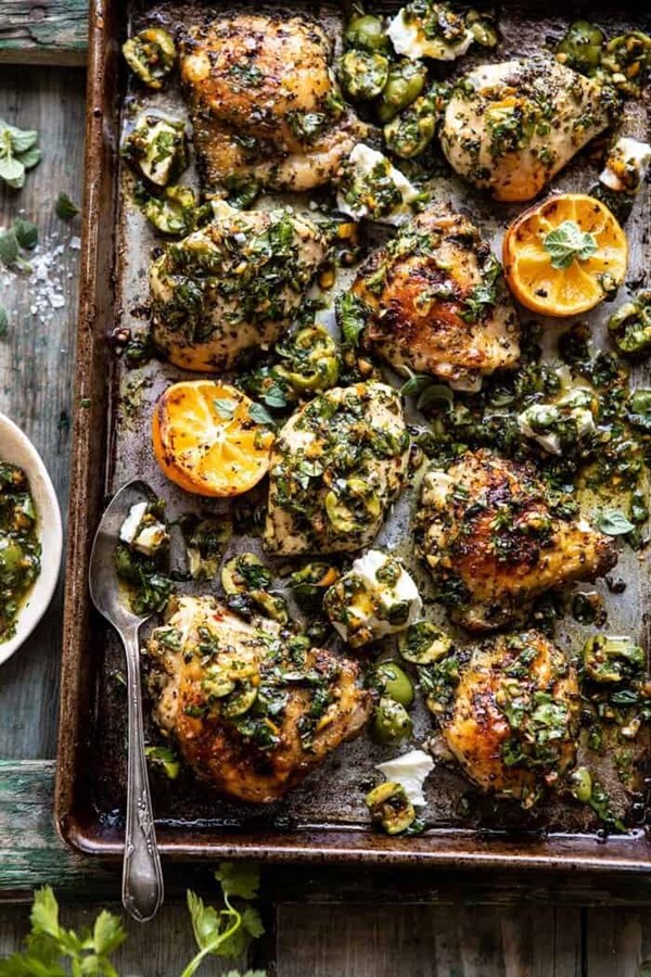 Roasted garlic butter chicken with lemon olive dressing