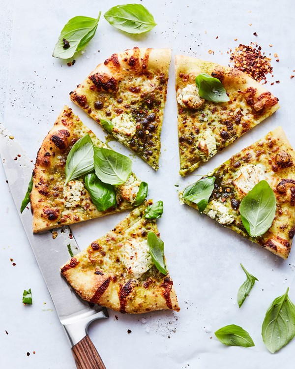 Roasted garlic-goat cheese pizza