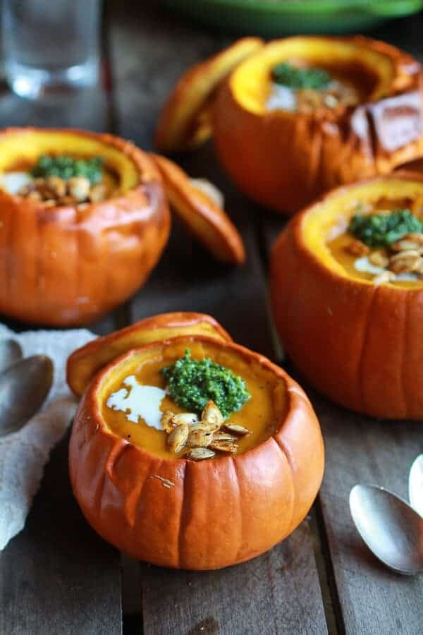 Roasted garlic sage pesto pumpkin soup with spicy fried pumpkin seeds