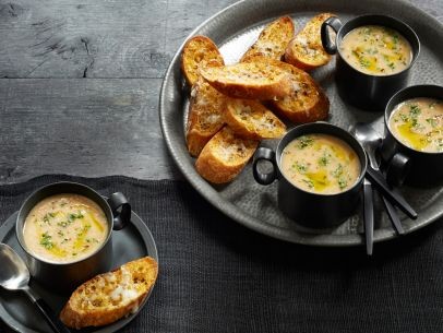 Roasted garlic soup with Asiago crostini