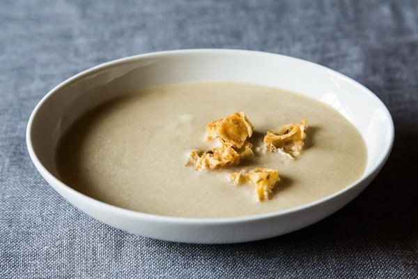 Roasted garlic soup with olive croutons