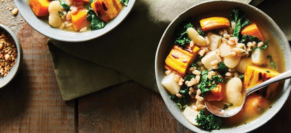 Roasted garlic, squash, and farro stew