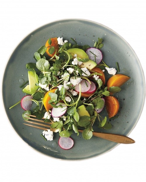 Roasted golden-beet, avocado, and watercress salad