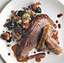 Roasted goose with brandied prune stuffing and red wine gravy