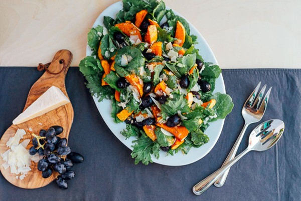 Roasted grape and butternut squash salad with kale and Parmesan