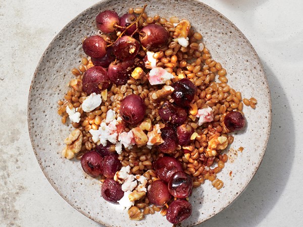 Roasted grape and goat cheese wheat berry bowl