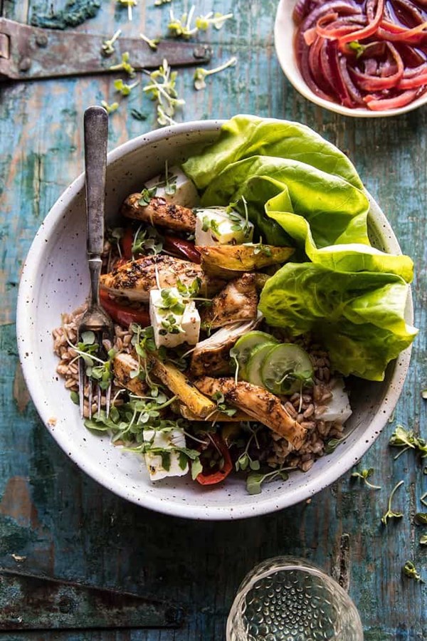 Roasted Greek chicken and farro salad with fries