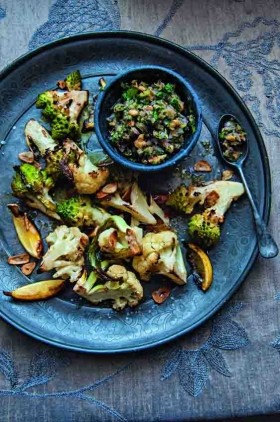 Roasted green and white cauliflower with winter salsa