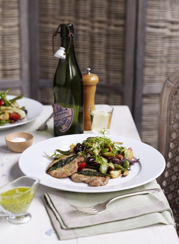 Roasted green bean and fennel panzanella with almond and Parmesan dressing