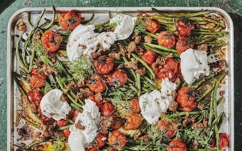 Roasted green beans and cherry tomatoes with burrata, dill and  rye-caraway crumbs