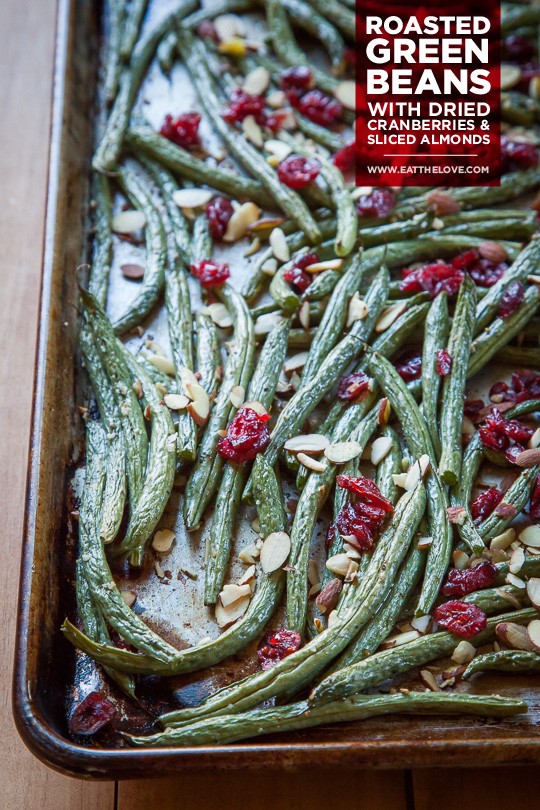 Roasted green beans with dried cranberries and sliced almonds