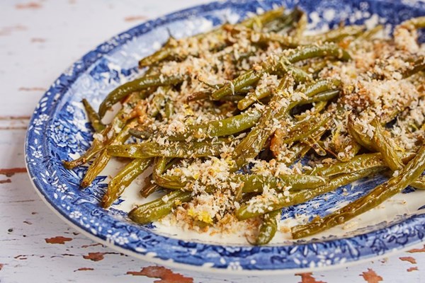  Roasted green beans with sticky garlic and Parmesan crumb