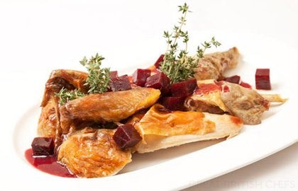 Roasted guinea fowl with beetroot, ginger and thyme