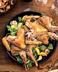 Roasted guinea hens with braised vegetables