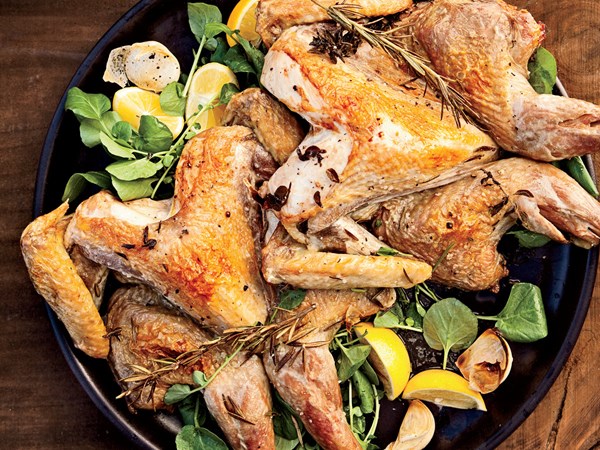 Roasted guinea hens with braised vegetables