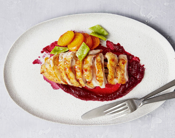 Roasted guinea hens with spring beets and runner beans