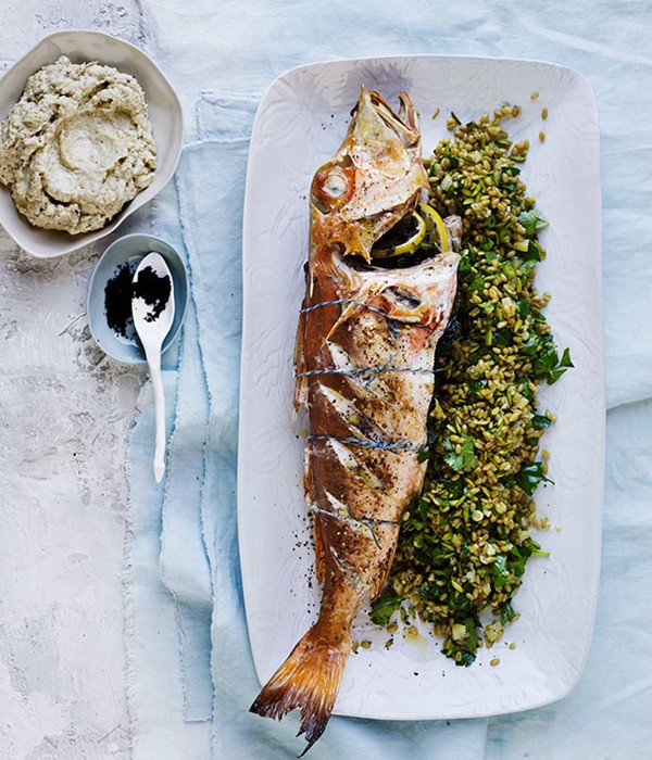 Roasted gurnard with smoky eggplant, farro and boiled lemon