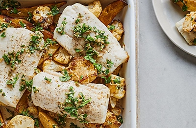 Roasted hake & cauliflower with parsley salsa