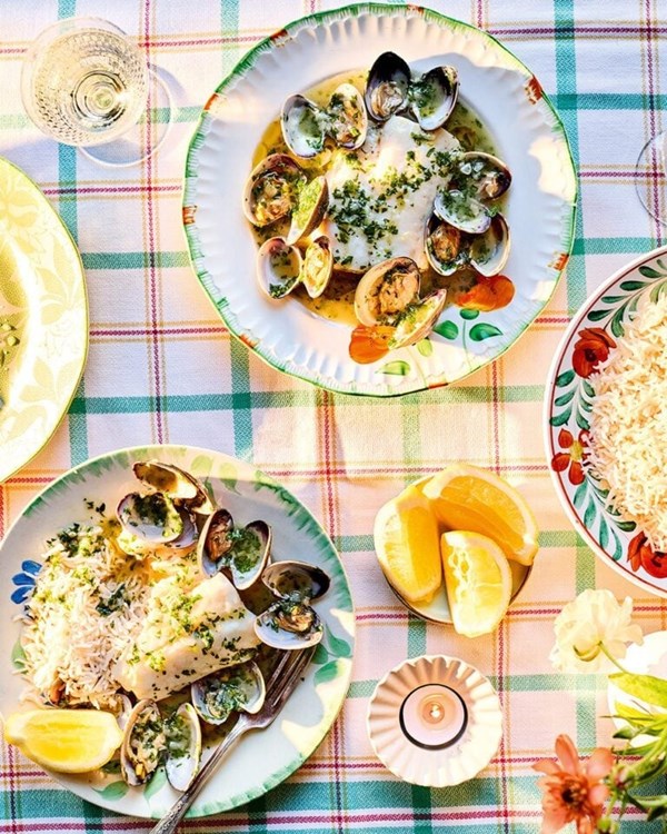 Roasted hake with salsa verde and clams