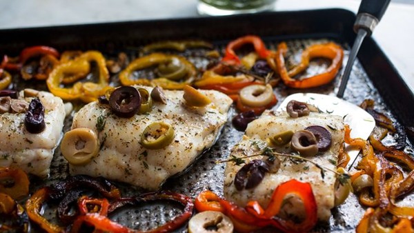 Roasted hake with sweet peppers
