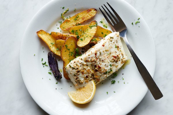 Roasted halibut and potatoes with rosemary