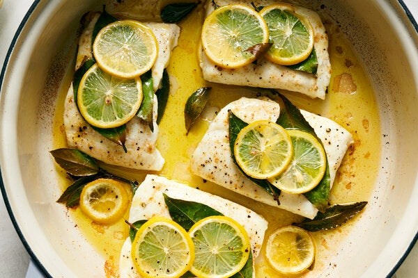 Roasted halibut with cumin, lemon and bay